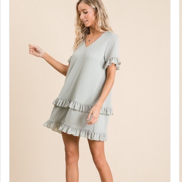 ✨SAGE GREEN WOVEN RUFFLED DETAILED DRESS - Picture 3 of 10